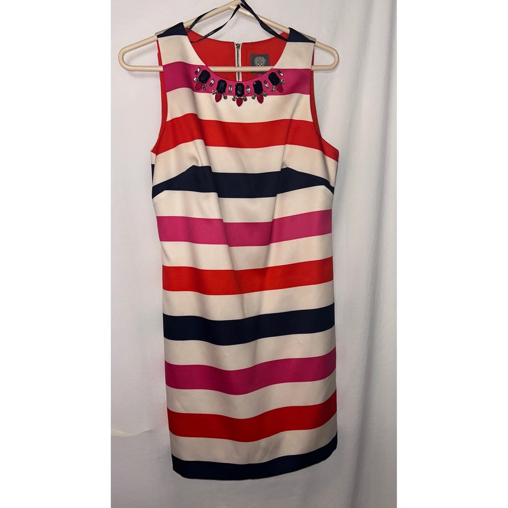 Vince Camuto Striped Sheath Dress Sleeveless Jewel Neck Size 8‎ Career